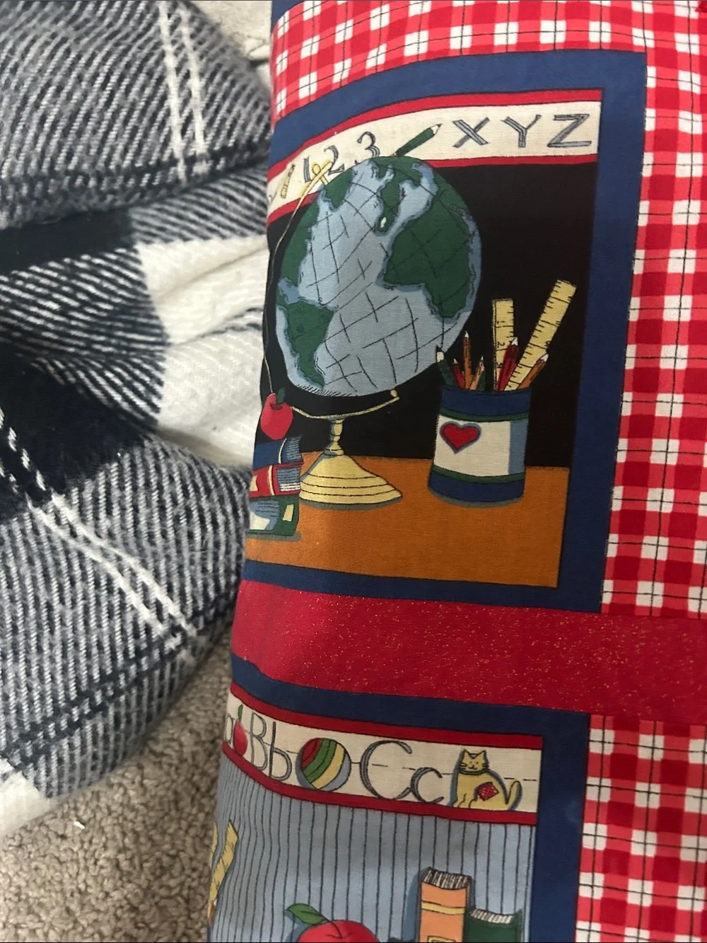 Schoolhouse Print Quilted Throw - Red & Blue. Full Quilt